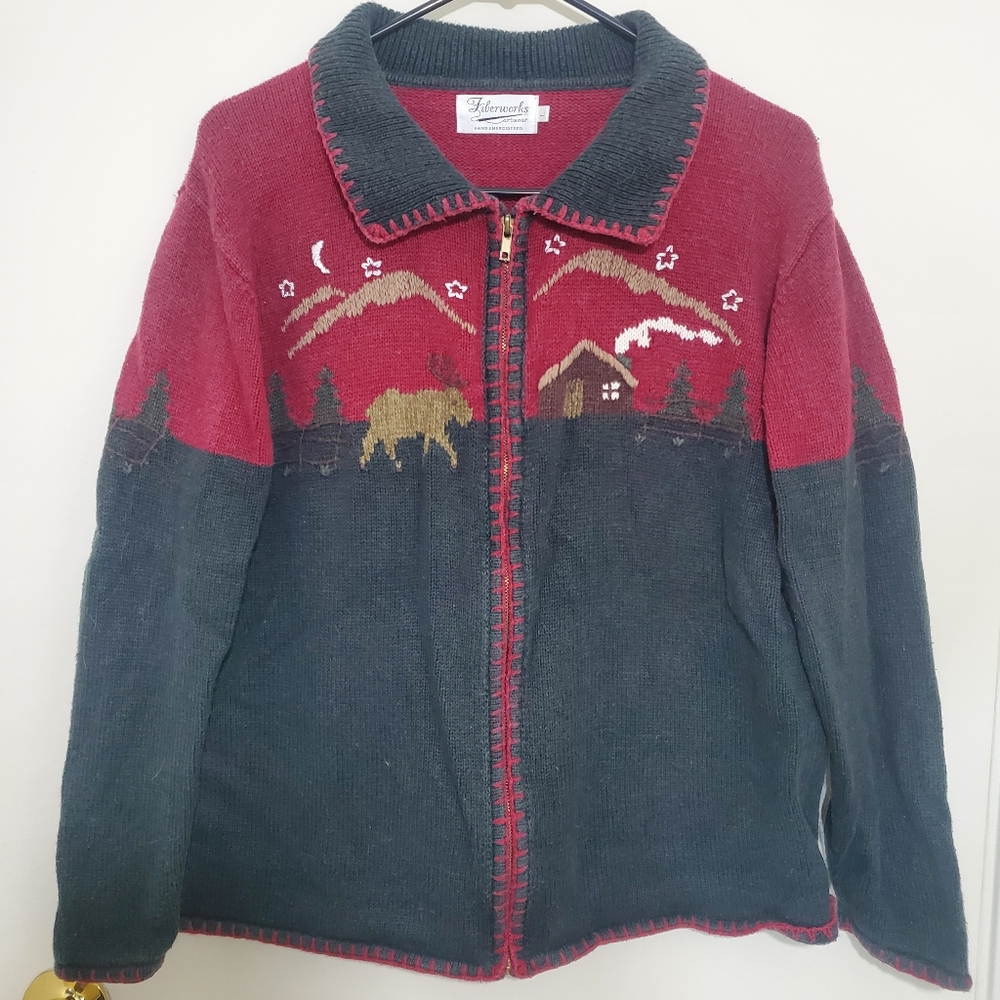 Vintage Fiberworks hand embroided Christmas sweater/cardigan. Womens large.